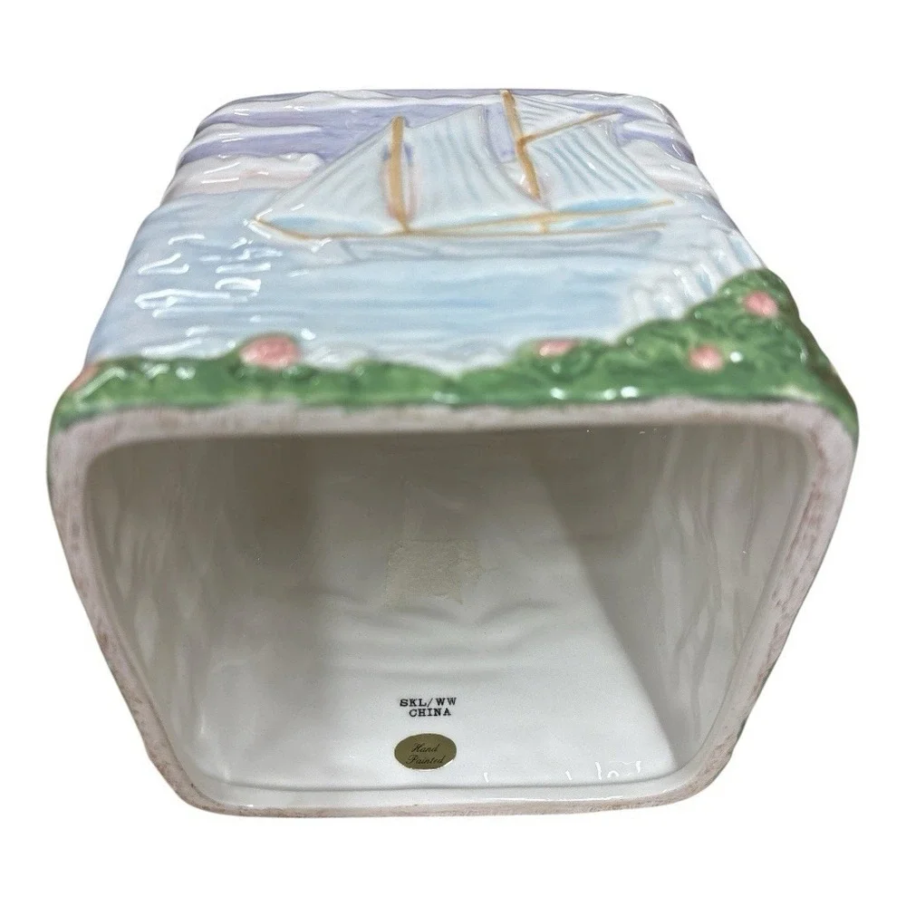 Vintage 1980s Handpainted Ceramic Tissue Box Cover Lighthouse Nautical Cottage